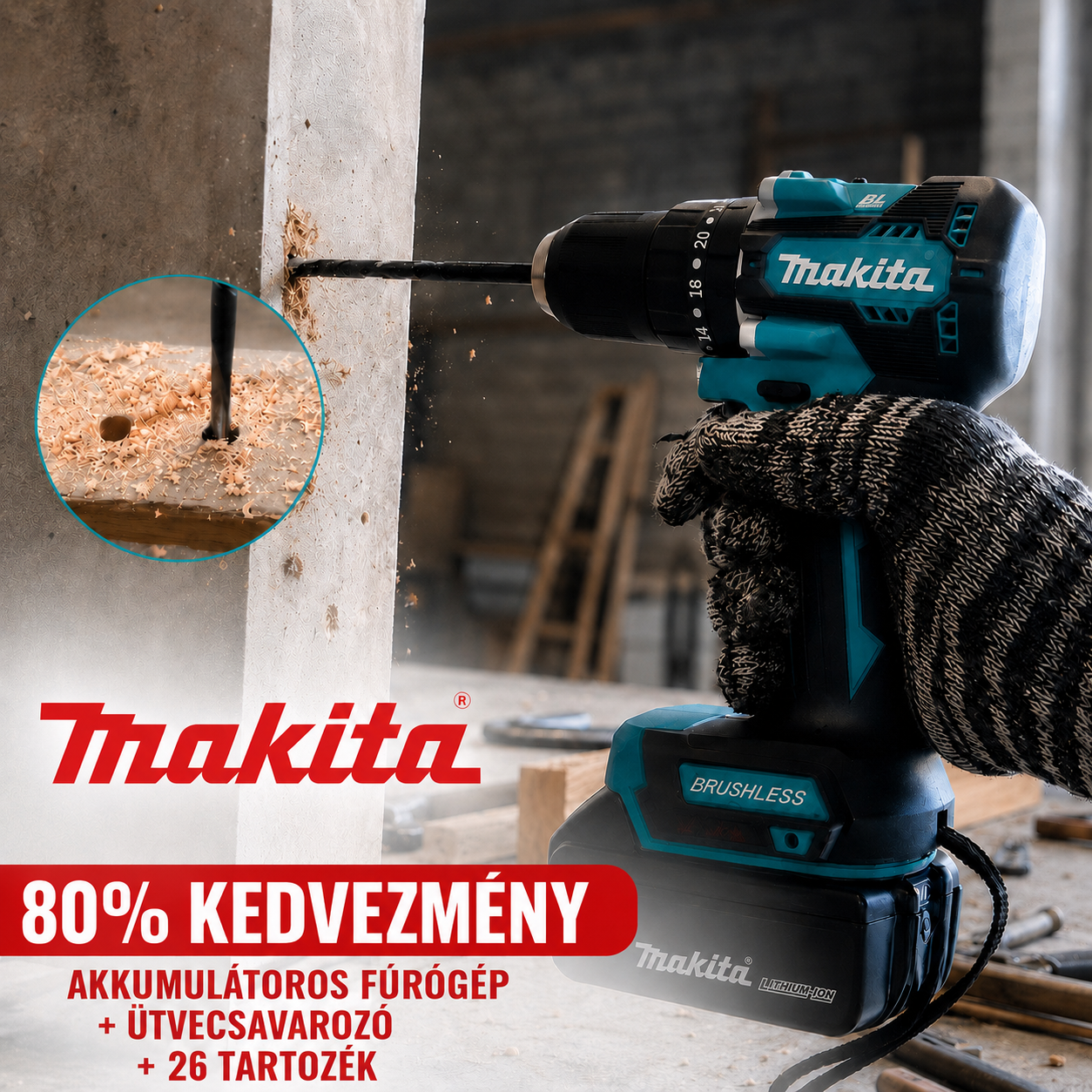 MAKITA KÉSZLET: AKKUMULÁTOROS FÚRÓGÉP + ÜTVECSAVAROZÓ + 26 TARTOZÉK + 2 AKKUMULÁTOR