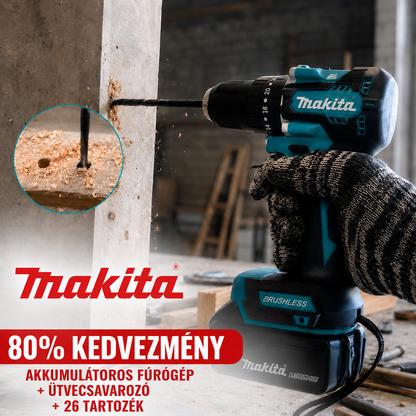 MAKITA KÉSZLET: AKKUMULÁTOROS FÚRÓGÉP + ÜTVECSAVAROZÓ + 26 TARTOZÉK + 2 AKKUMULÁTOR